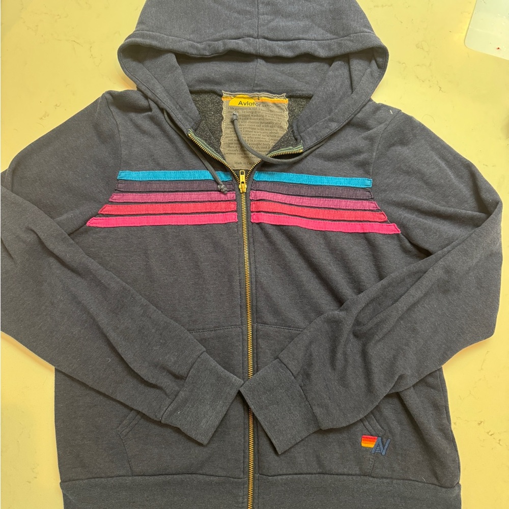 Aviator Nation Gray and Pink Zip Up Sweater with Sporty Stripes